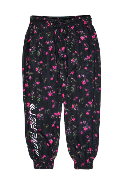 Current Boutique-Pam & Gela - Black & Pink Floral Print Drawstring Track Pants w/ “Move Fast” Logo Sz s