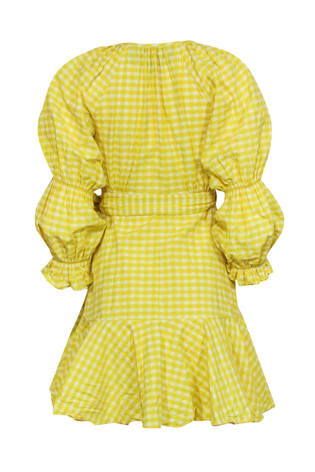 Current Boutique-Paper London - Yellow Gingham Print Long Sleeve Wrap Dress w/ Flounce Hem Sz 6