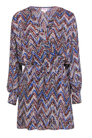 Current Boutique-Parker - Rusty Brown, Blue & Beige Printed Silk Plunge Dress Sz XS