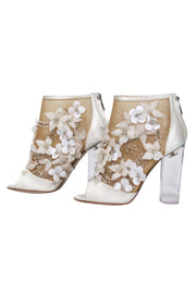 Current Boutique-Paul Andrew - Ivory Satin & Mesh Floral Beaded Peep Toe Booties w/ Lucite Heel Sz 6.5