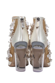Current Boutique-Paul Andrew - Ivory Satin & Mesh Floral Beaded Peep Toe Booties w/ Lucite Heel Sz 6.5