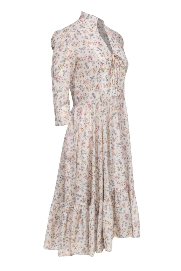 Current Boutique-Petersyn - Tan Floral Crisscross Tie Front Peasant Dress Sz M/L