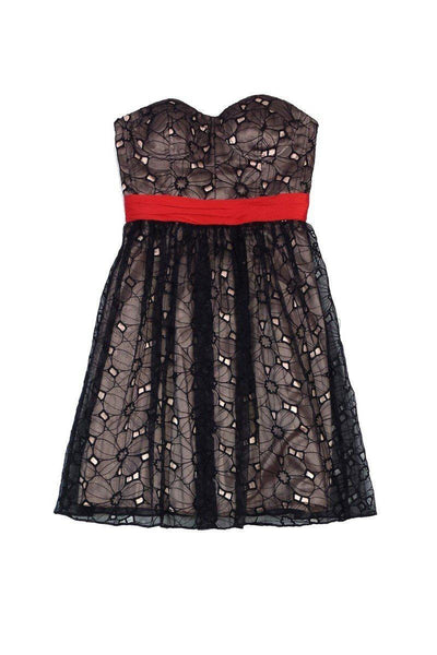 Current Boutique-Phoebe Couture - Black, Red & Tan Eyelet Overlay Dress Sz 0