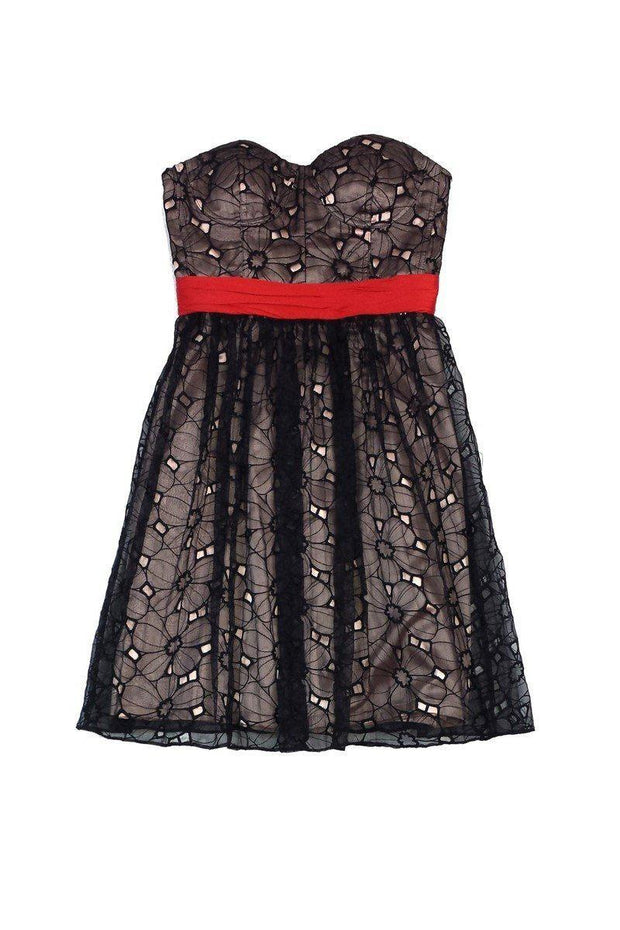 Current Boutique-Phoebe Couture - Black, Red & Tan Eyelet Overlay Dress Sz 0