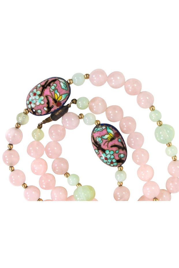 Current Boutique-Pink & Green Jade Bead Necklace w/ Enamel Pendants
