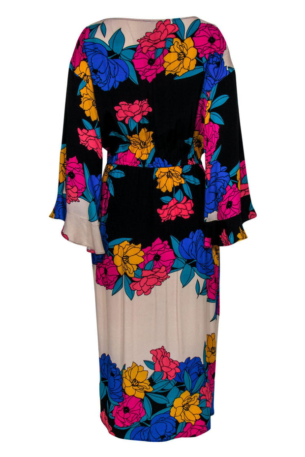 Current Boutique-Plenty by Tracy Reese - Black & Multicolored Floral Print Bell Sleeve Midi Dress Sz M