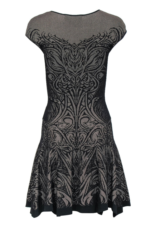 Current Boutique-RVN - Black & Beige Lace Print Knit Drop Waist Dress Sz S