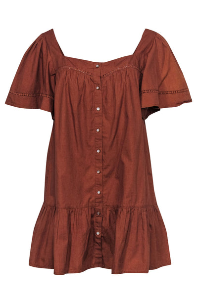 Current Boutique-Rahi - Burnt Orange Button-Up Shift Dress w/ Floral Lace Trim & Peplum Hem Sz M
