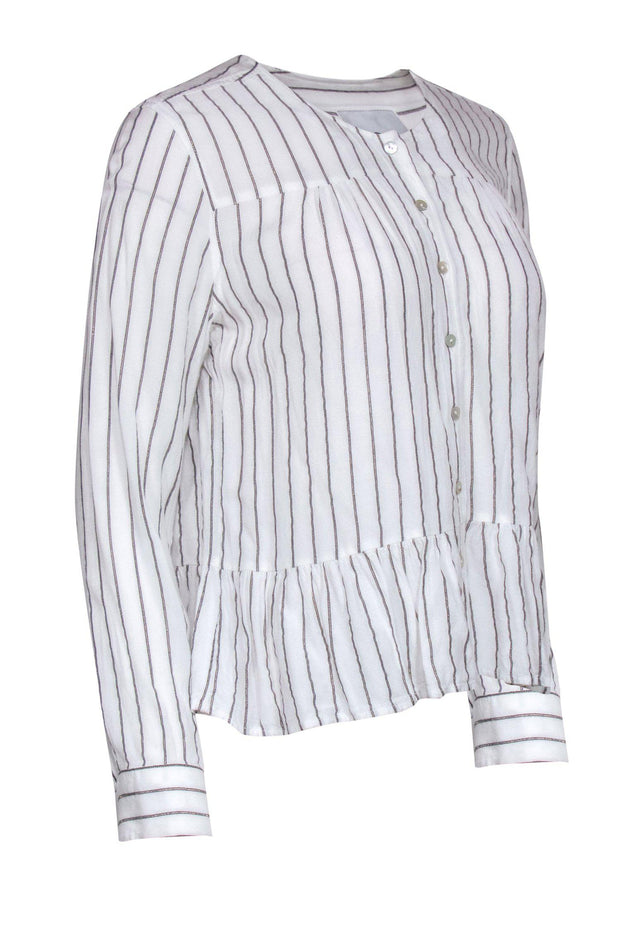 Current Boutique-Rails - White, Gold & Black Sparkly Striped Button-Up Long Sleeve Peplum Blouse Sz S