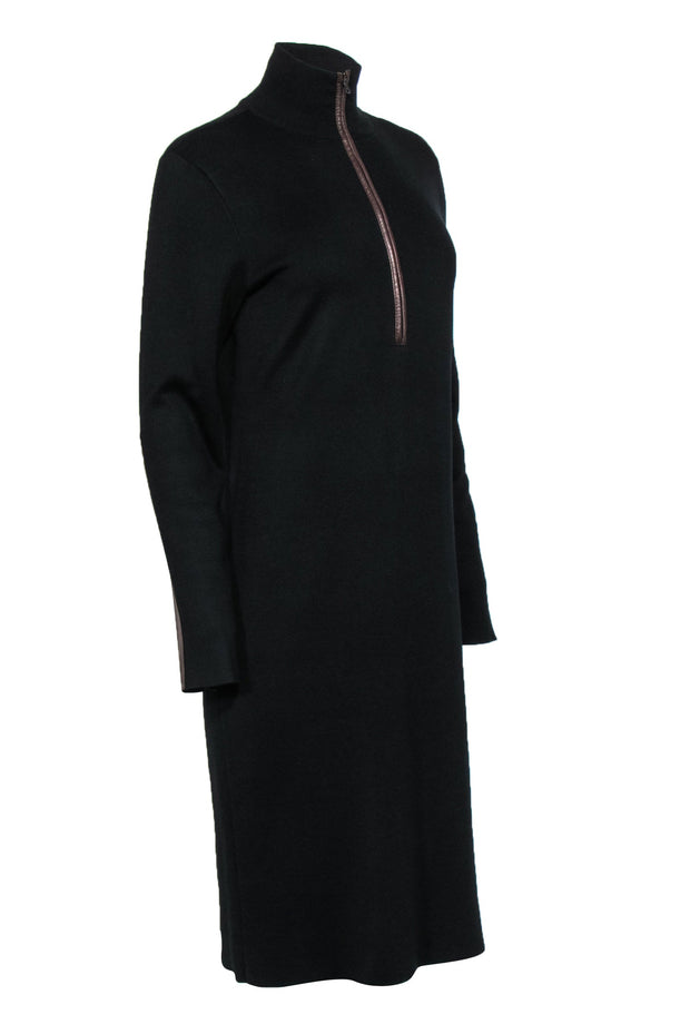 Current Boutique-Ralph Lauren - Black Quarter Zip-Up Midi Dress w/ Brown Leather Trim Sz L