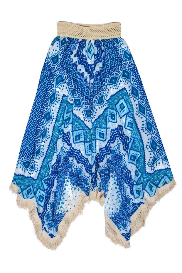 Current Boutique-Ramy Brook - Blue & White Printed Scarf Hem Maxi Skirt w/ Fringe Sz XS