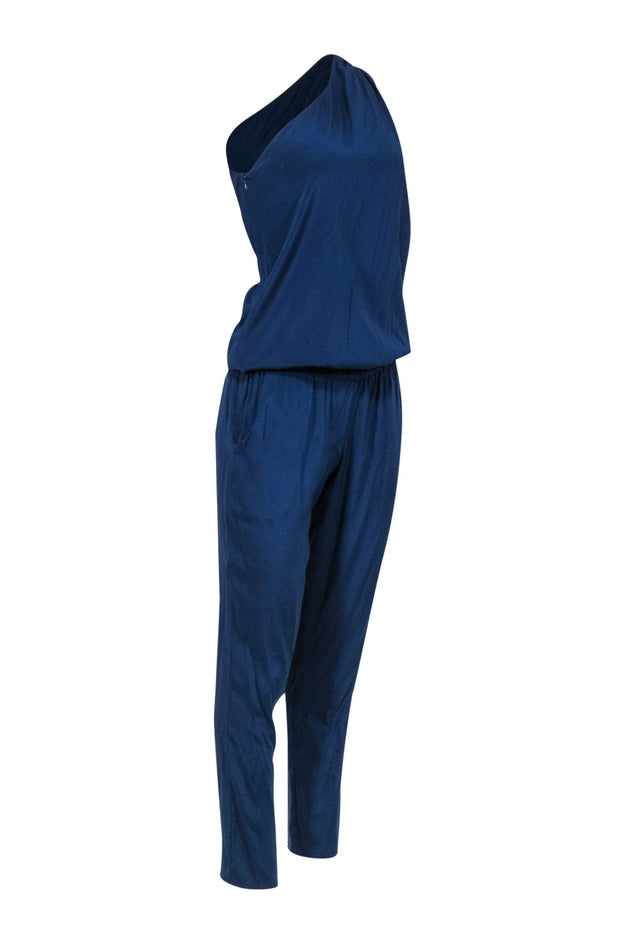 Current Boutique-Ramy Brook - Navy One-Shoulder Skinny-Leg Silk Jumpsuit Sz S