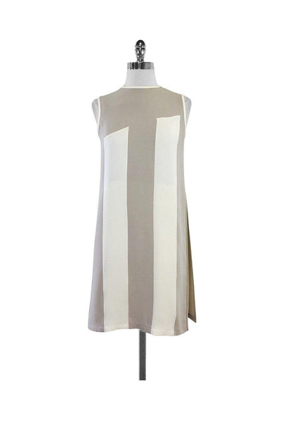 Current Boutique-Raoul - Taupe & White Silk Sleeveless Shift Dress Sz 2