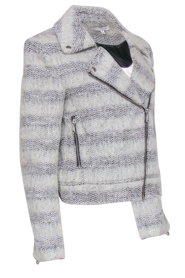 Current Boutique-Rebecca Minkoff - Light Grey & Black Striped Fuzzy Moto-Style Jacket Sz M