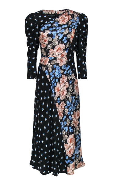 Current Boutique-Rebecca Taylor - Black, Blue & Pink Patchwork Floral Print Puff Sleeve Maxi Dress Sz 6