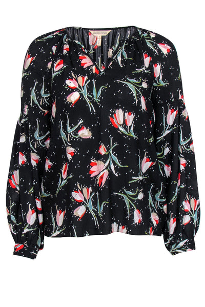 Current Boutique-Rebecca Taylor - Black Floral Printed Silk Blend Blouse Sz 2