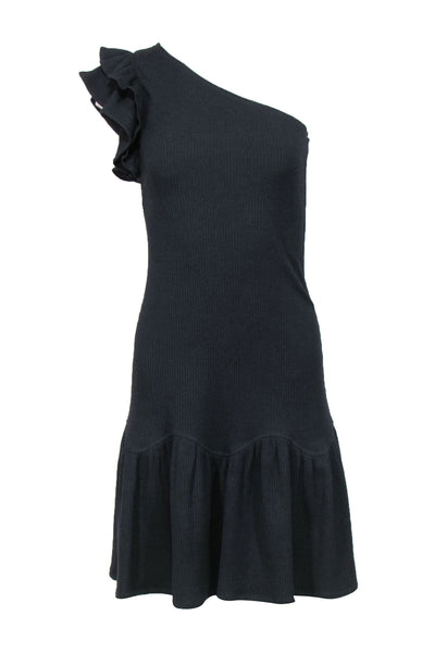 Current Boutique-Rebecca Taylor - Black Ribbed Knit One-Shoulder Bodycon Dress w/ Ruffles Sz XS