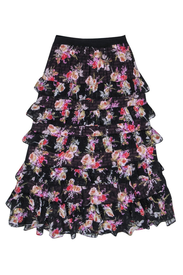 Current Boutique-Rebecca Taylor - Black w/ Multicolor Floral Tiered Ruffle Midi Skirt Sz XS
