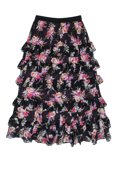 Current Boutique-Rebecca Taylor - Black w/ Multicolor Floral Tiered Ruffle Midi Skirt Sz XS