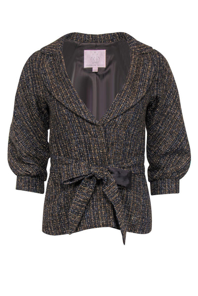 Current Boutique-Rebecca Taylor - Brown, Gold & Blue Tweed Belted Jacket Sz 2