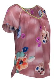Current Boutique-Rebecca Taylor - Mauve & Multicolor Floral Print Short Sleeve Silk Blouse Sz 2