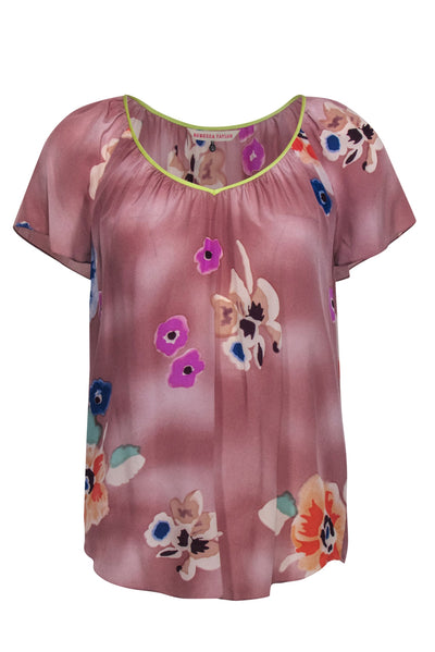 Current Boutique-Rebecca Taylor - Mauve & Multicolor Floral Print Short Sleeve Silk Blouse Sz 2