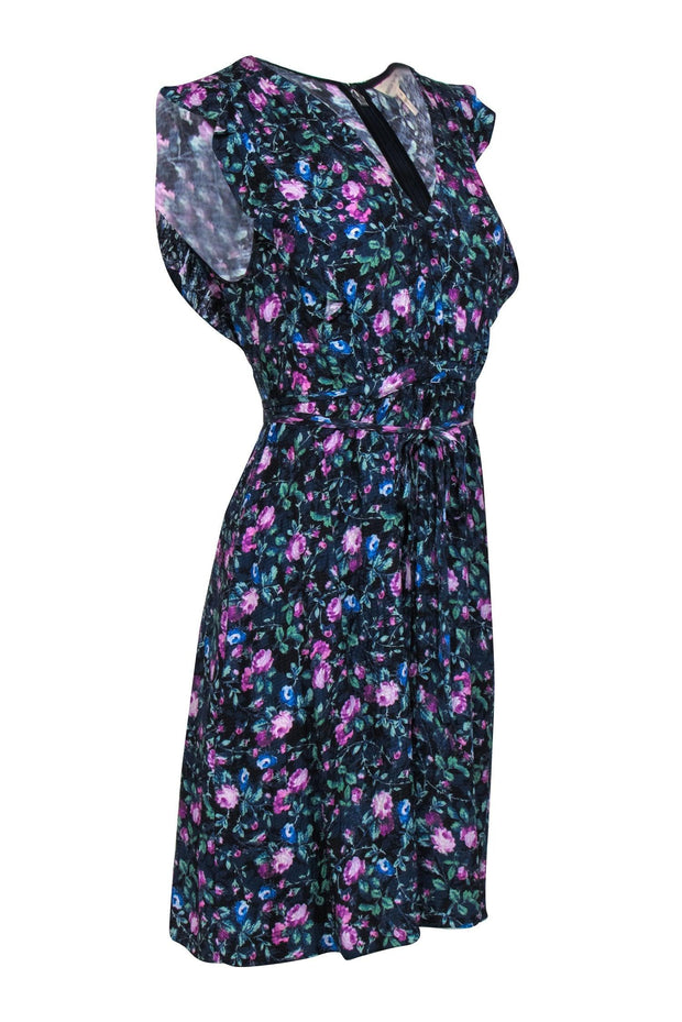 Current Boutique-Rebecca Taylor - Navy Floral Print Short Sleeve Mini Dress w/ Belt Sz 10