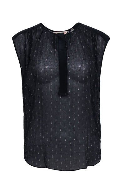 Current Boutique-Rebecca Taylor - Navy Metallic Fleck Silk Short Sleeve Blouse Sz 6