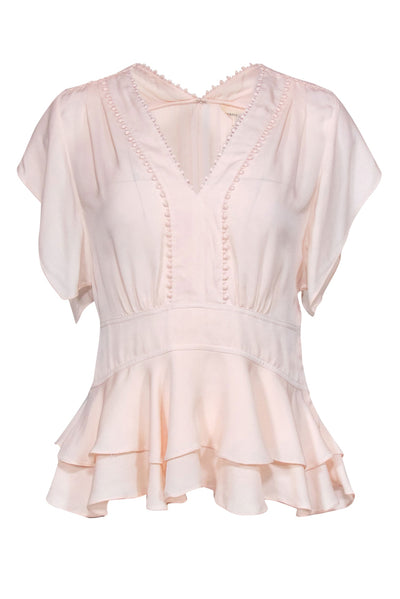Current Boutique-Rebecca Taylor - Pale Pink Short Sleeve Ruffled Silk Blouse w/ Embroidered Trim Sz 2