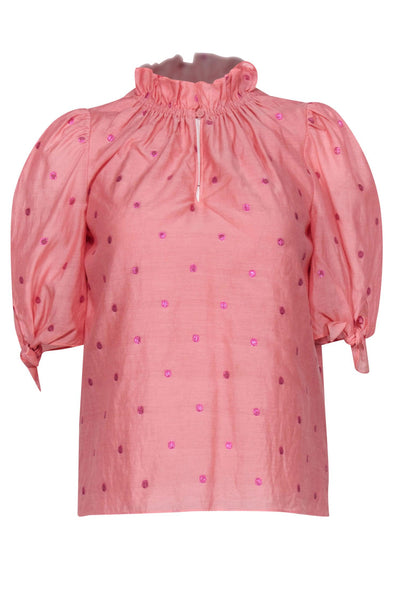Current Boutique-Rebecca Taylor - Peach Polka Dot Puff Sleeve Blouse Sz 0