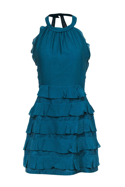 Current Boutique-Rebecca Taylor - Teal Silk Mock-Halter Mini Dress w/ Lace & Ruffle Details Sz 8