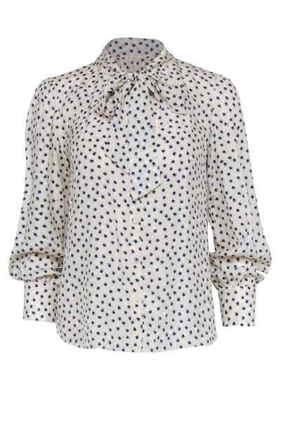 Current Boutique-Rebecca Taylor - White & Navy Heart Print Button-Up Silk Blouse w/ Necktie Sz 4