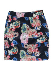 Current Boutique-Rebekah Maysles - Navy Floral & Cat Print Faux Wrap Silk Skirt Sz 8