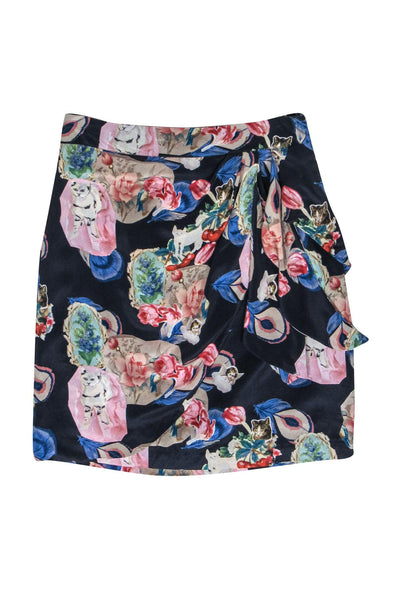 Current Boutique-Rebekah Maysles - Navy Floral & Cat Print Faux Wrap Silk Skirt Sz 8