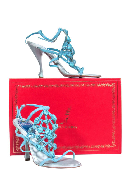 Rene Caovilla - Turquoise Suede & Satin Strappy Pumps w