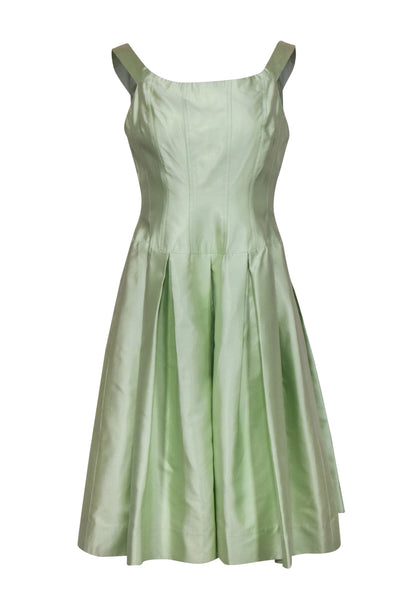 Current Boutique-Rickie Freeman for Teri Jon - Light Green Sleeveless Pleated Silk A-Line Dress Sz 8