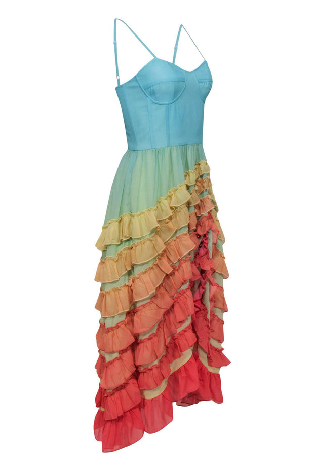 Current Boutique-Rococo Sand - Blue Sleeveless Maxi Dress w/ Rainbow Ruffle Tiers Sz S