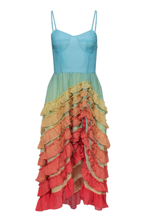 Current Boutique-Rococo Sand - Blue Sleeveless Maxi Dress w/ Rainbow Ruffle Tiers Sz S