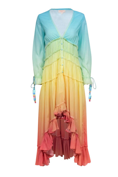 Current Boutique-Rococo Sand - Rainbow Ombre Ruffled Tiered High-Low Maxi Dress Sz S