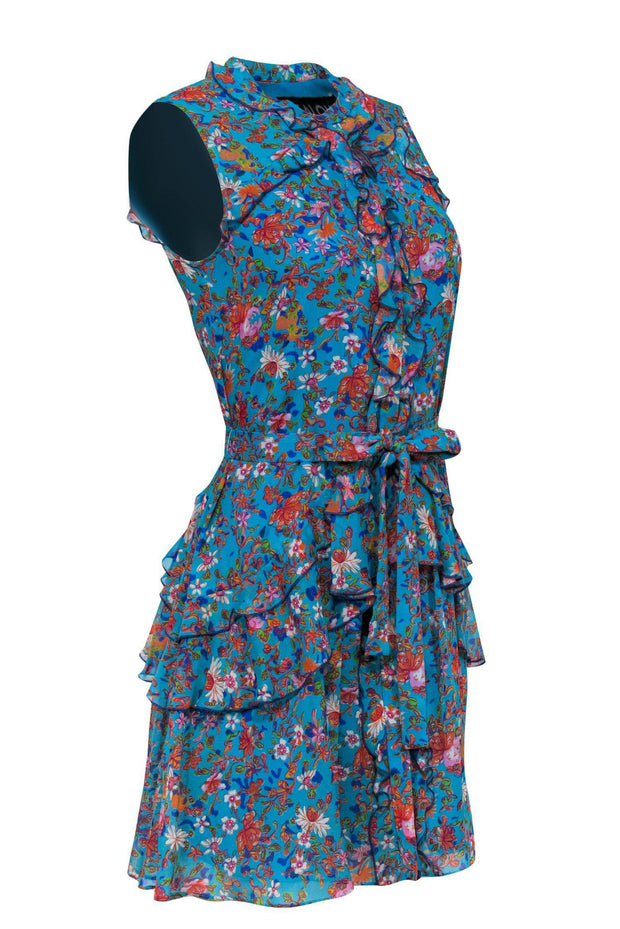 Current Boutique-Saloni - Turquoise Floral Printed Ruffle Dress Sz 4