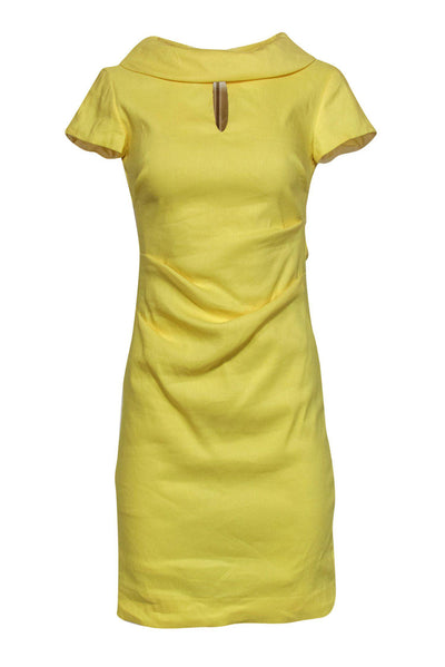 Current Boutique-Sara Campbell - Bright Yellow Short Sleeve Ruched Sheath Dress Sz 2