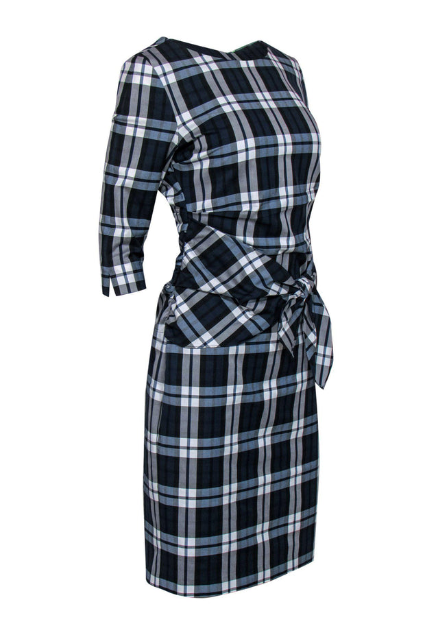 Current Boutique-Sara Campbell - Navy & White Plaid Quarter Sleeve Sheath Dress w/ Tie Sz 6
