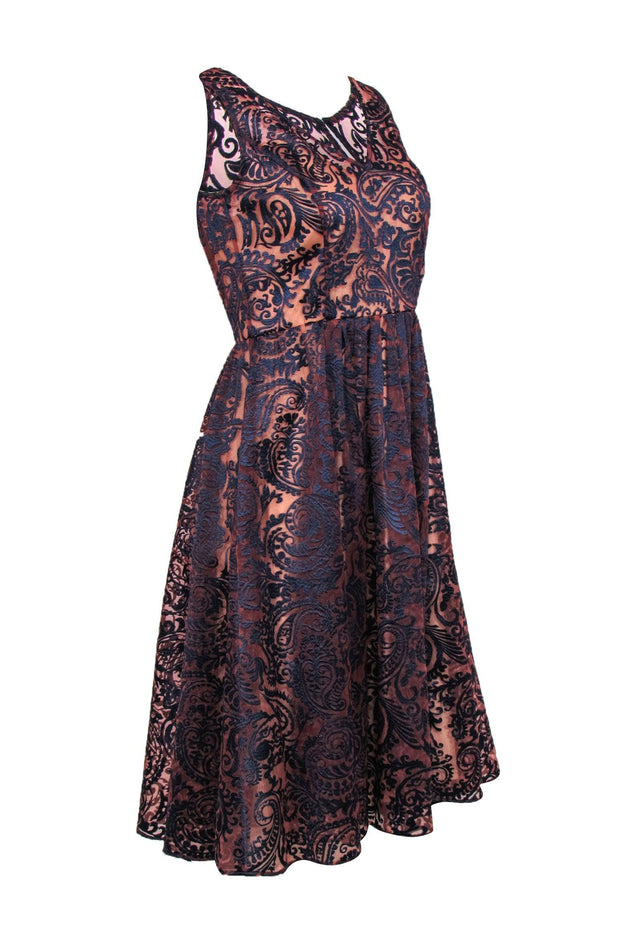 Current Boutique-Sara Campbell - Pink & Navy Textured Velvet Paisley Print Sleeveless A-Line Dress Sz 2