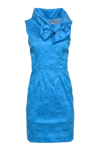 Current Boutique-Sara Campbell - Teal Textured Square Print Shift Dress w/ Oversized Bow Collar Sz 6