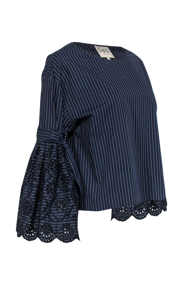Current Boutique-Sea NY - Navy Pinstriped Bell Sleeve Blouse w/ Eyelet Lace Sz 4