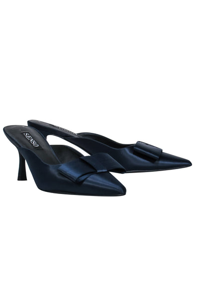 Current Boutique-Senso - Navy Silk Satin Pointed Toe Mule Heels w/ Bows Sz 8