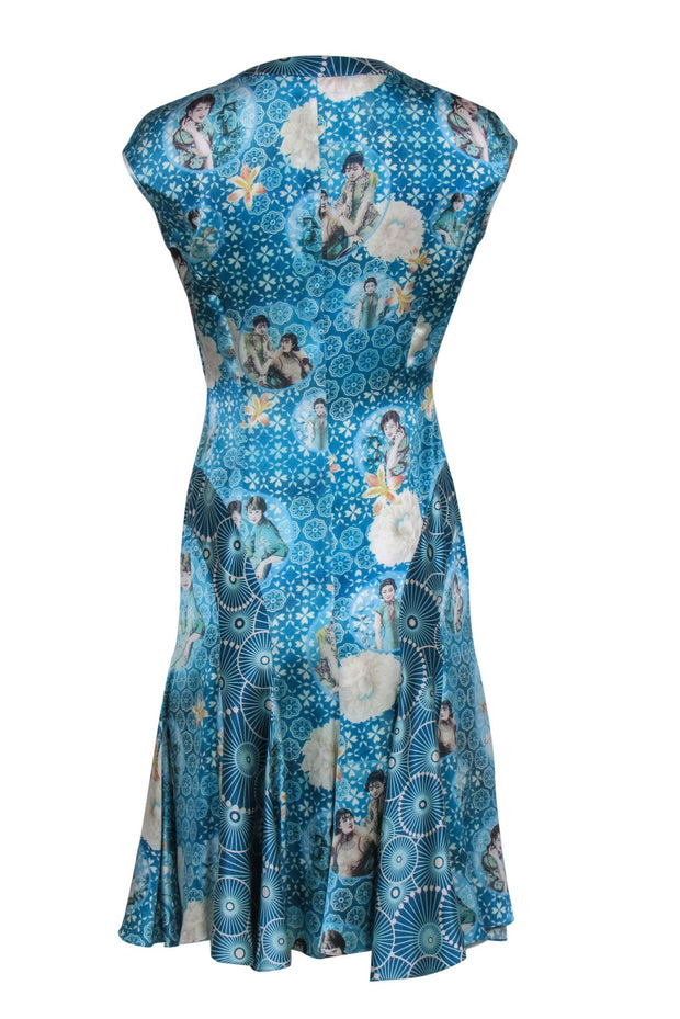 Current Boutique-Shanghai Tang - Blue Portrait Print V-Neck Silk Dress Sz 6