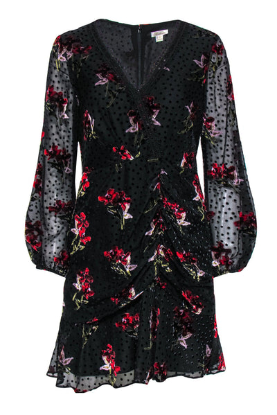 Current Boutique-Shoshanna - Black & Red Velvet Floral Print & Polka Dot Ruched Dress Sz 8P