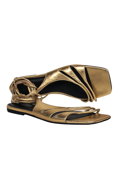 Current Boutique-Sigerson Morrison - Gold Leather Strappy Sandals w/ Ankle Wrap Tie Sz 8