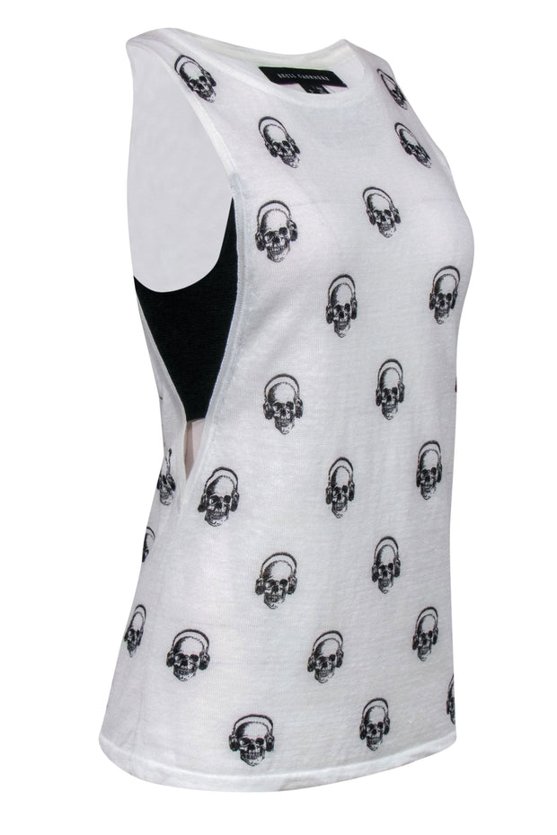 Current Boutique-Skull Cashmere - White & Black Skull Print Linen Tank w/ Black Paneling Sz XS